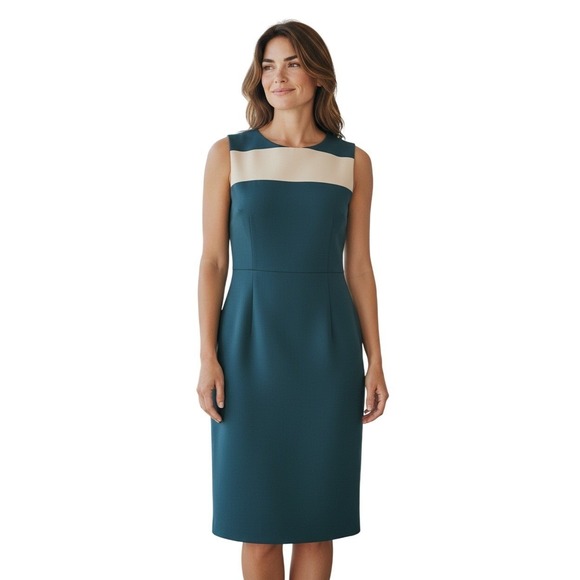 Anne Klein Dresses & Skirts - VTG Anne Klein Teal Ivory Colorblock Sheath Dress Slveless Zip 6 Career Classic